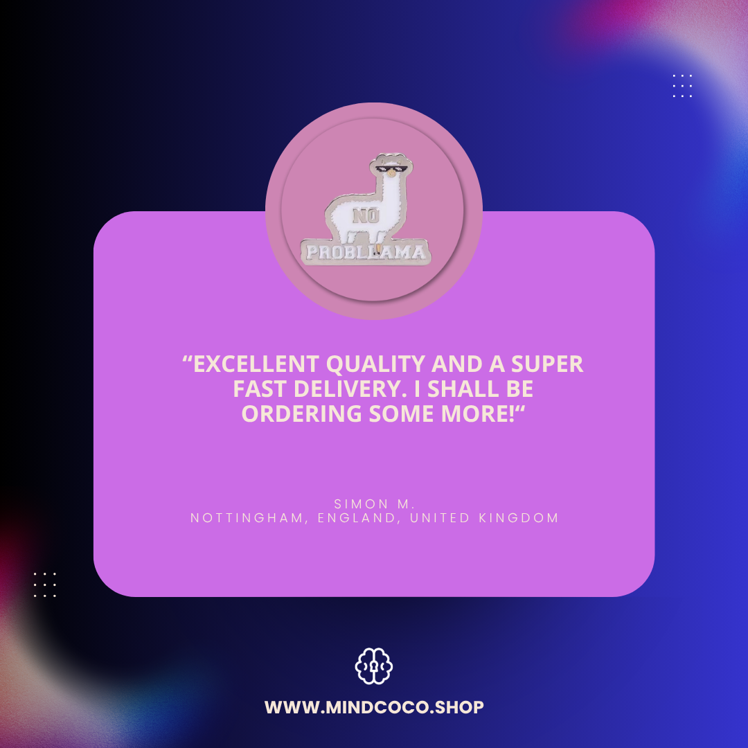 Customer review photo – "No Probllama" enamel pin, 5-star community favourite