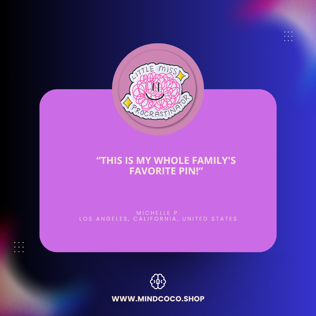 Customer review photo – "Little Miss Procrastinator" enamel pin, 5-star community favourite