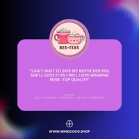Customer review photo – "Bes Teas" enamel pin, 5-star community favourite