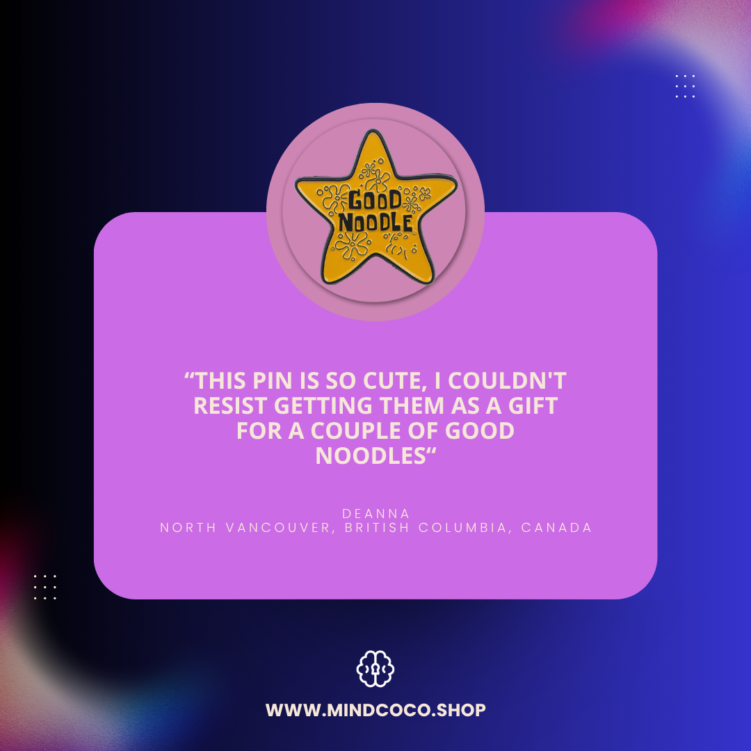 Customer review photo – "Good Noodle" enamel pin, 5-star community favourite