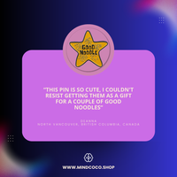 Customer review photo – "Good Noodle" enamel pin, 5-star community favourite