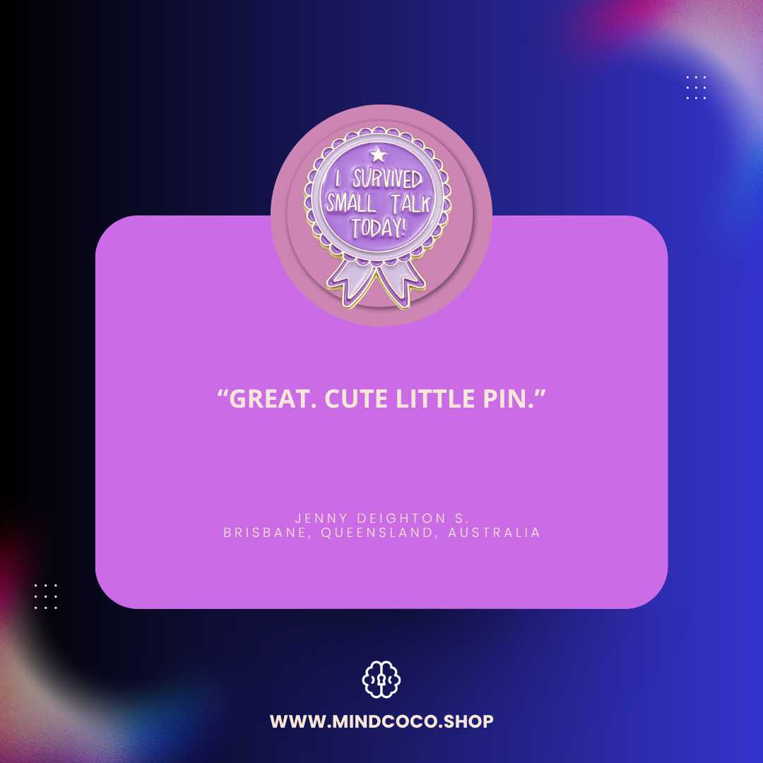Customer review photo – "I Survived Small Talk Today" enamel pin, 5-star community favourite