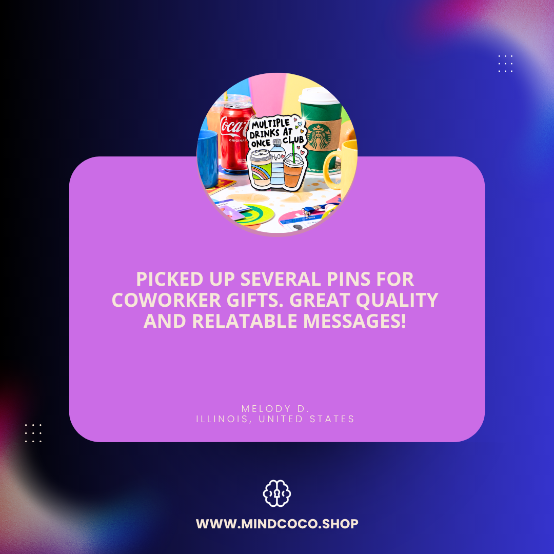 "Multiple Drinks At Once Club" enamel pin – lifestyle flat lay, neurodivergent and mental health humour