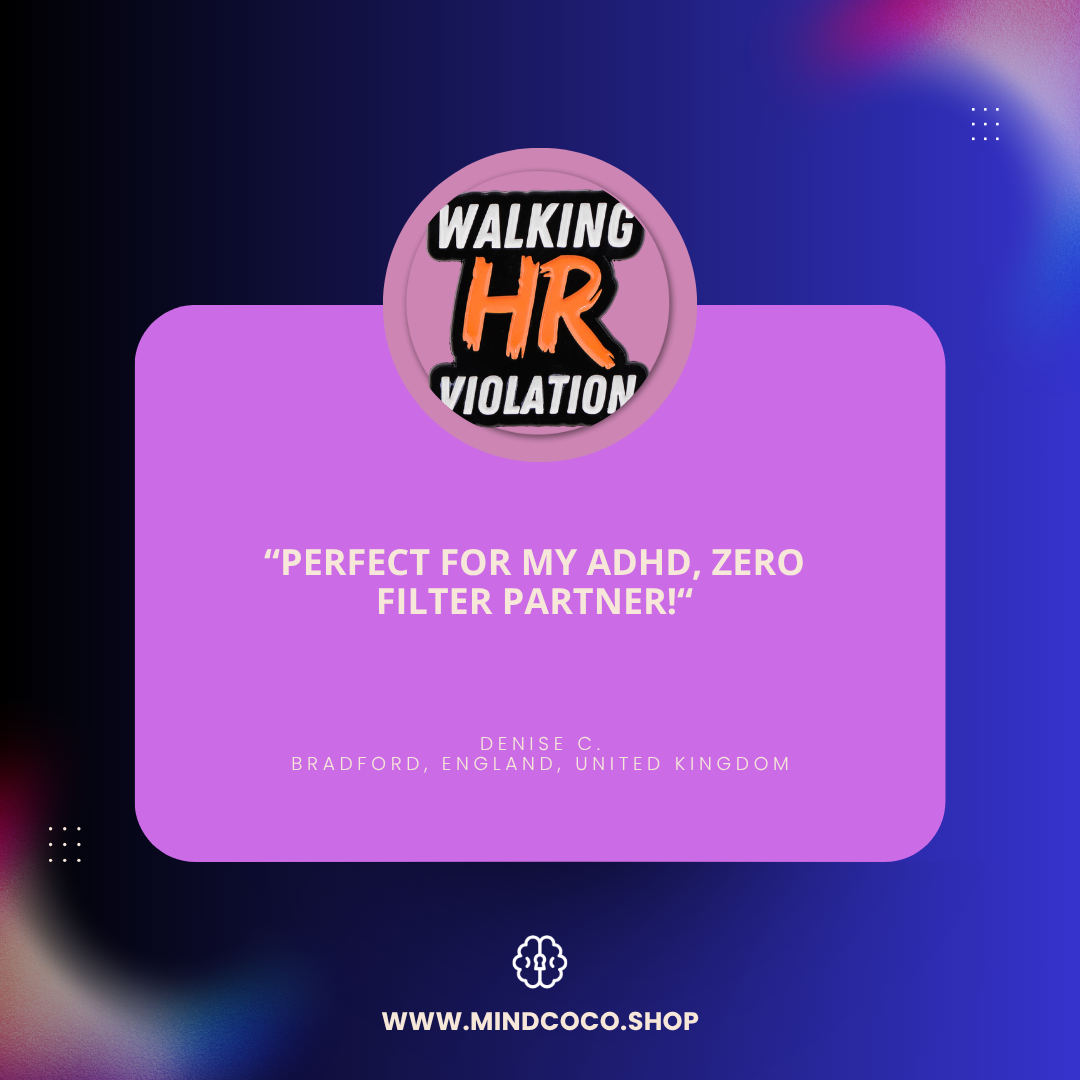 Customer review photo – "Walking HR Violation" enamel pin, 5-star community favourite