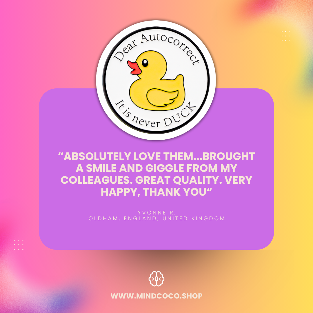 "Dear Autocorrect, It is never DUCK" vinyl sticker – lifestyle flat lay, neurodivergent and mental health humour