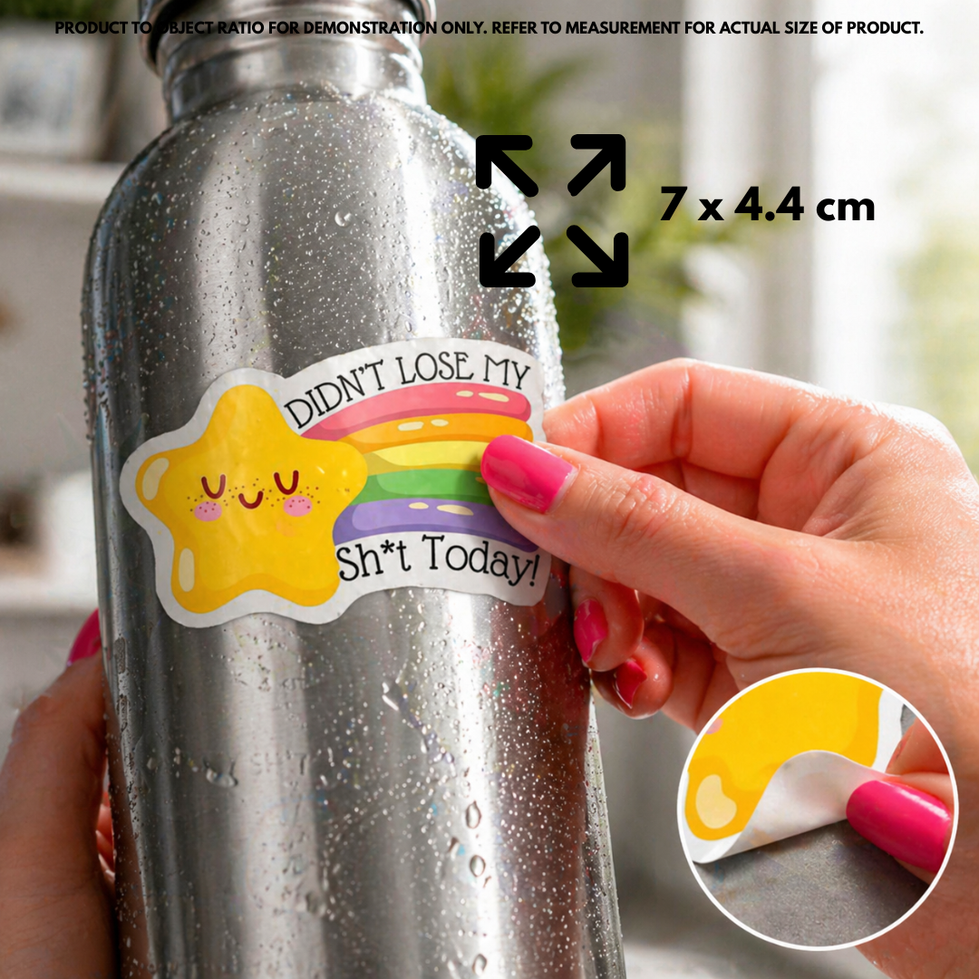 Person holding "Didn't Lose My Shit Today" vinyl sticker showing 7.6×7.6cm size
