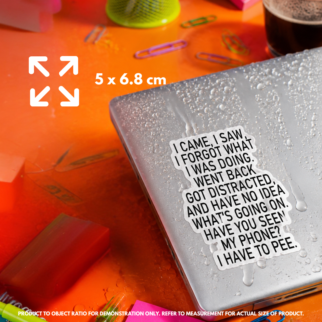 Person holding "I Came I Saw I Forgot" vinyl sticker showing 7.6×7.6cm size
