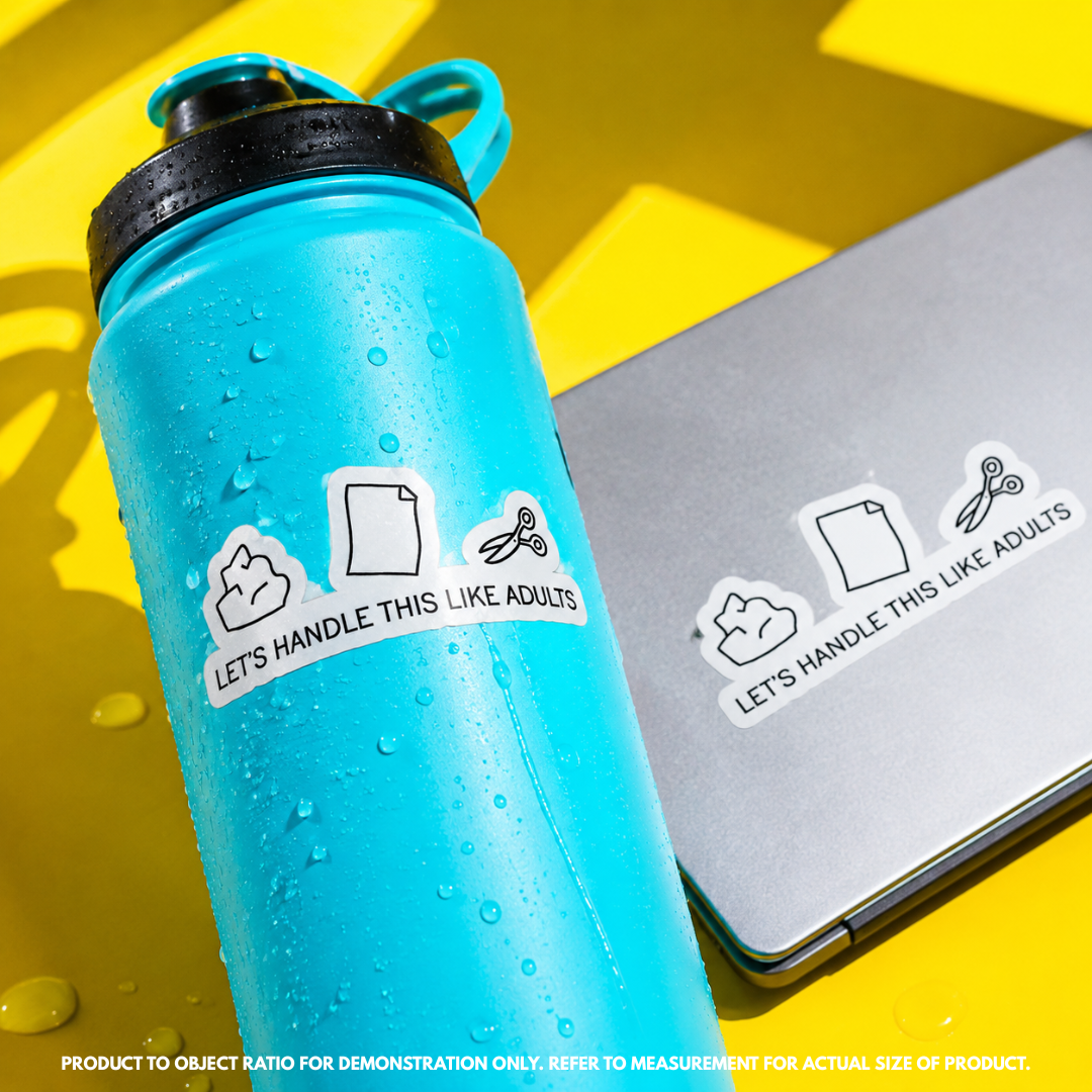 "Let's Handle This Like Adults" vinyl sticker on laptop – neurodivergent and mental health humour