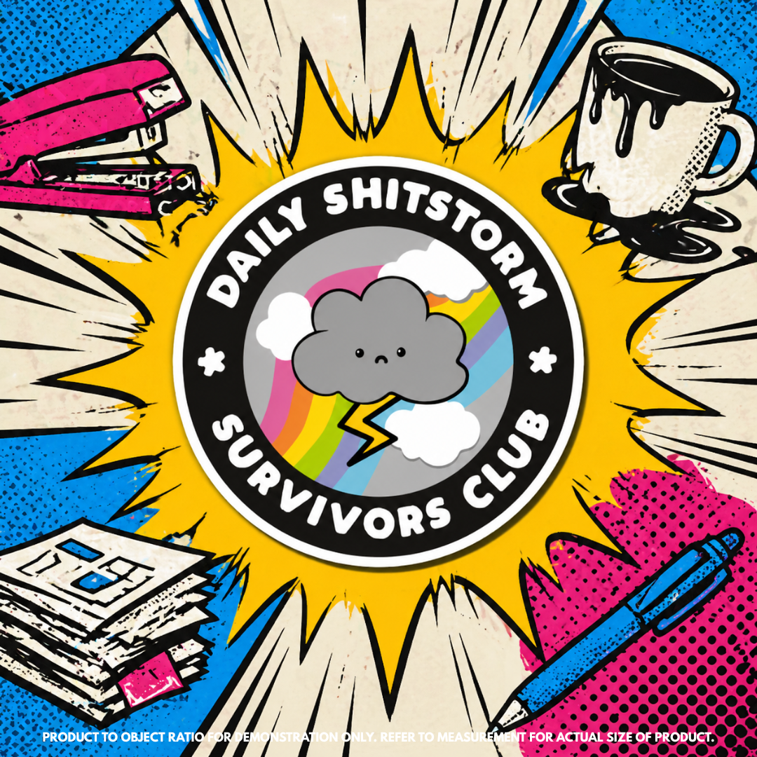 "Daily Shitstorm Survivors Club" vinyl sticker on laptop – neurodivergent and mental health humour